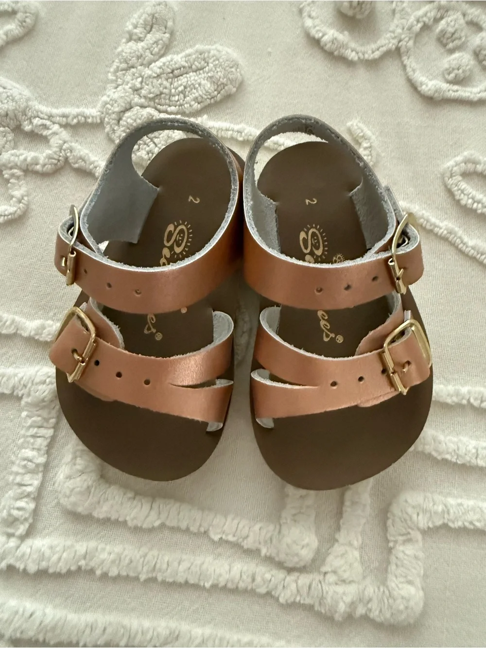 Salt Water Sea-Wees Sandals - Metallic Rose Gold Buckle Straps, baby size 2